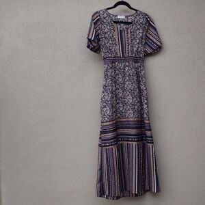 Polagram Navy Tan Floral and Striped Maxi Dress S